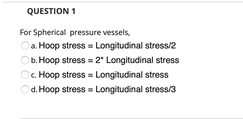 Solved QUESTION 1 For Spherical pressure vessels, a. Hoop | Chegg.com