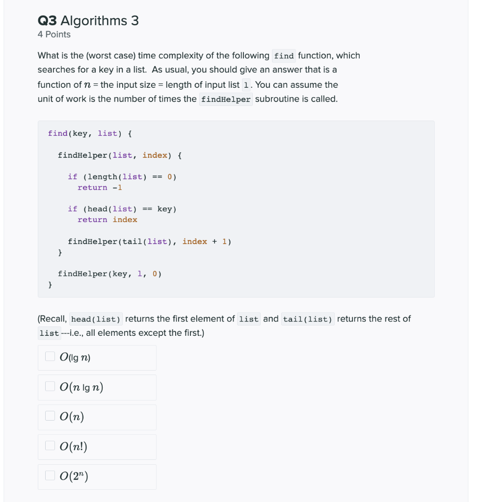 Solved Q3 Algorithms 3 4 Points What is the (worst case) | Chegg.com