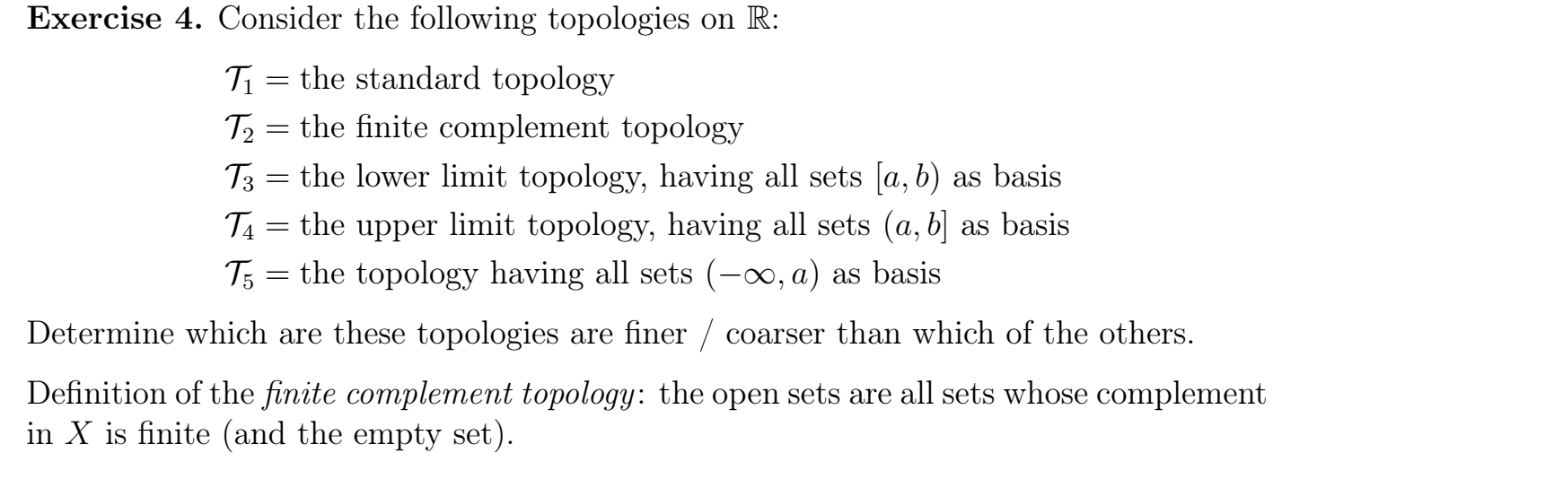 Solved Exercise 4. Consider The Following Topologies On R: | Chegg.com