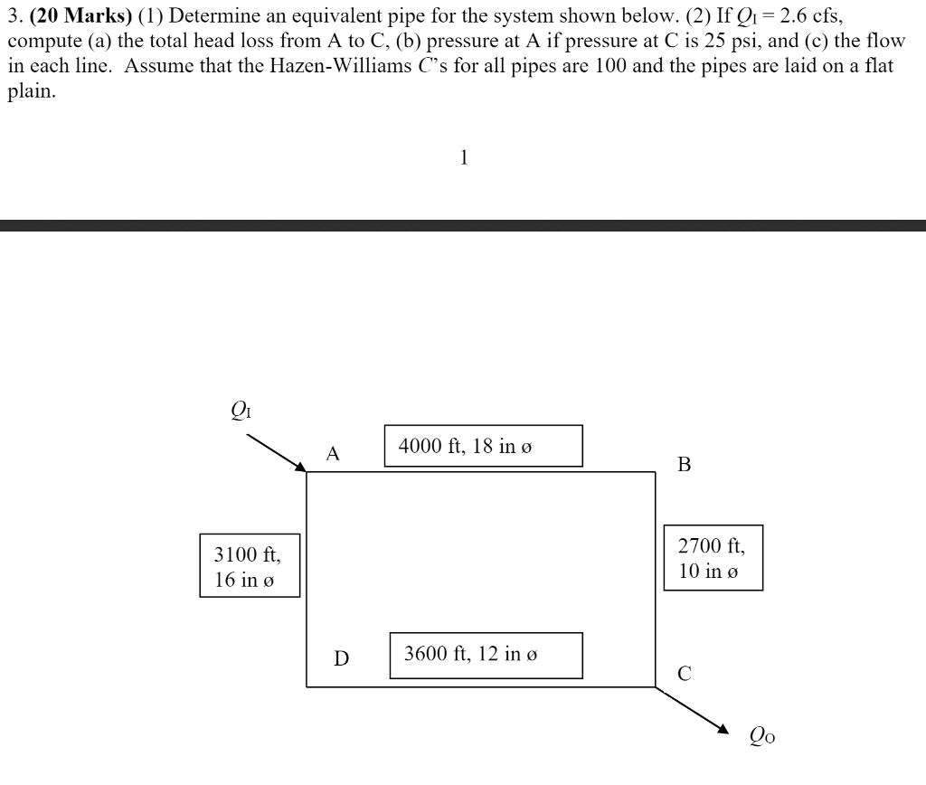 Solved 3 Marks 1 Determine An Equivalent Pipe For Chegg Com