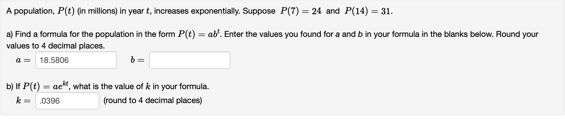 Solved A population, P(t) (in millions) ﻿in year t, | Chegg.com