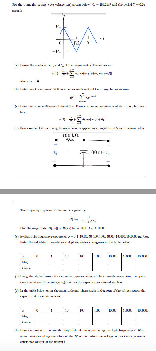 Solved For the triangular square-wave voltage vy(t) shown | Chegg.com