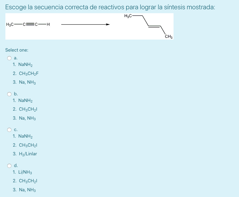 Escoge la secuencia correcta de reactivos para lograr la síntesis mostrada: