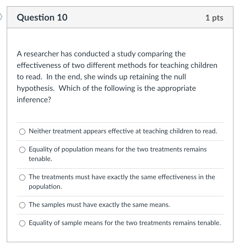 Solved Question 10 1 pts A researcher has conducted a study | Chegg.com