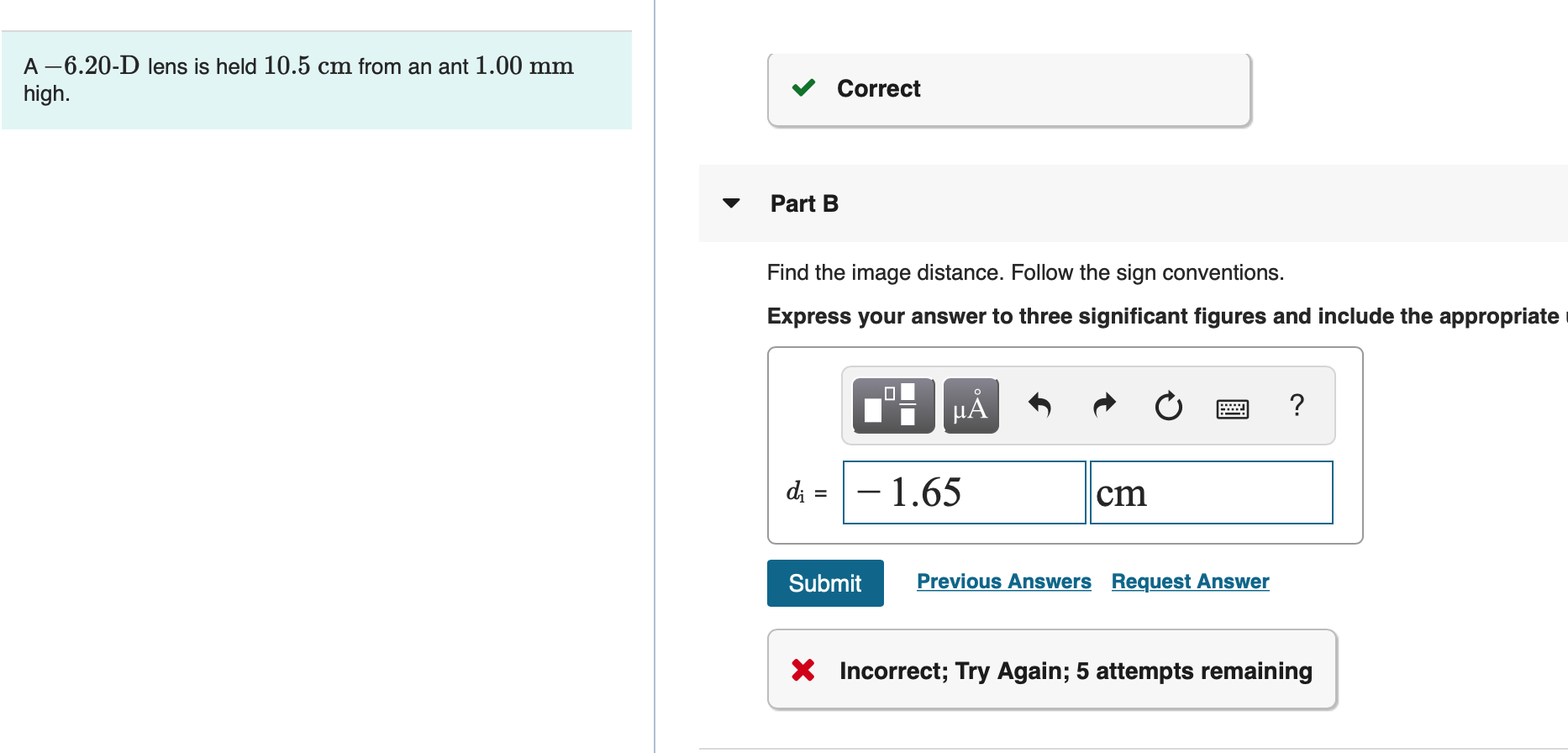 solved-a-6-20-d-lens-is-held-10-5-cm-from-an-ant-1-00-mm-chegg