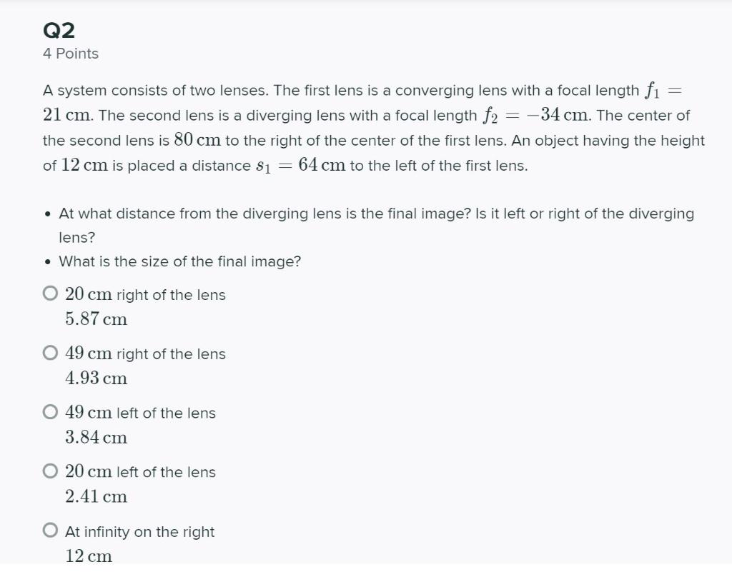 Solved Q2 4 Points = A system consists of two lenses. The | Chegg.com