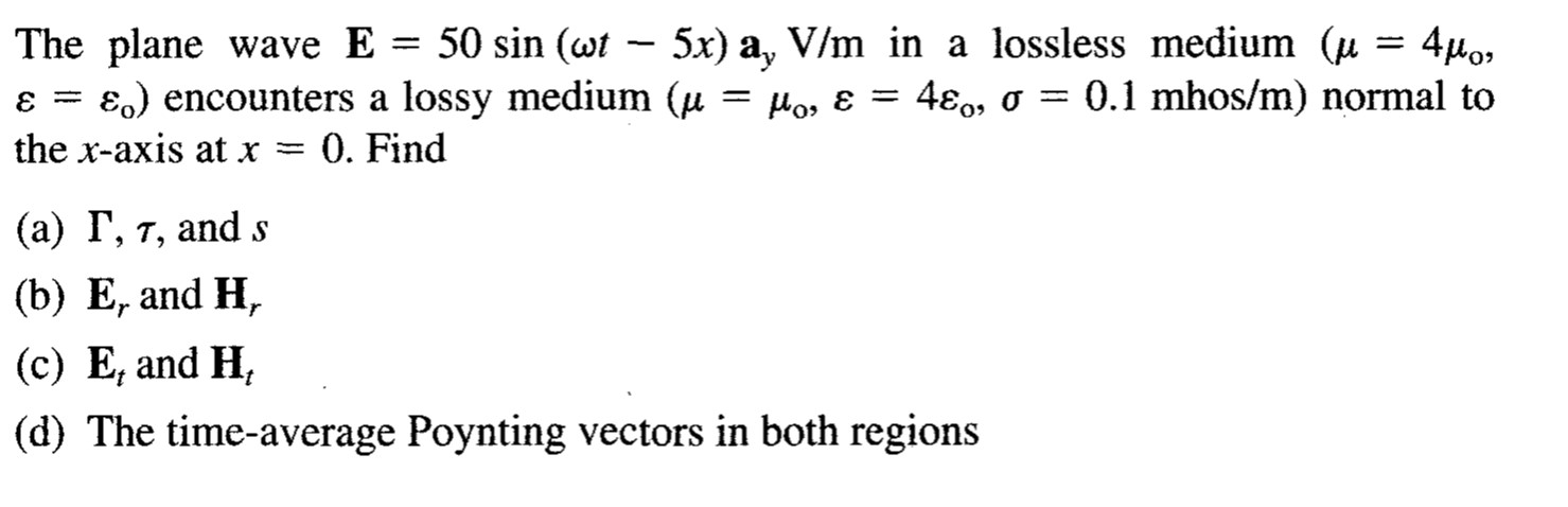 Solved The Plane Wave E 50 Sin O T 5x Ay V M In A L Chegg Com