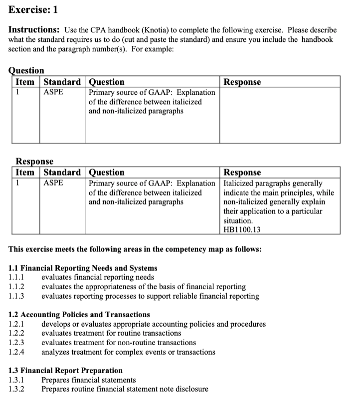 Exercise 1 Instructions Use the CPA handbook