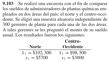 9.103 Se realizó una encuesta con el fin de comparar los sueldos de administradores de plantas químicas empleados en dos área