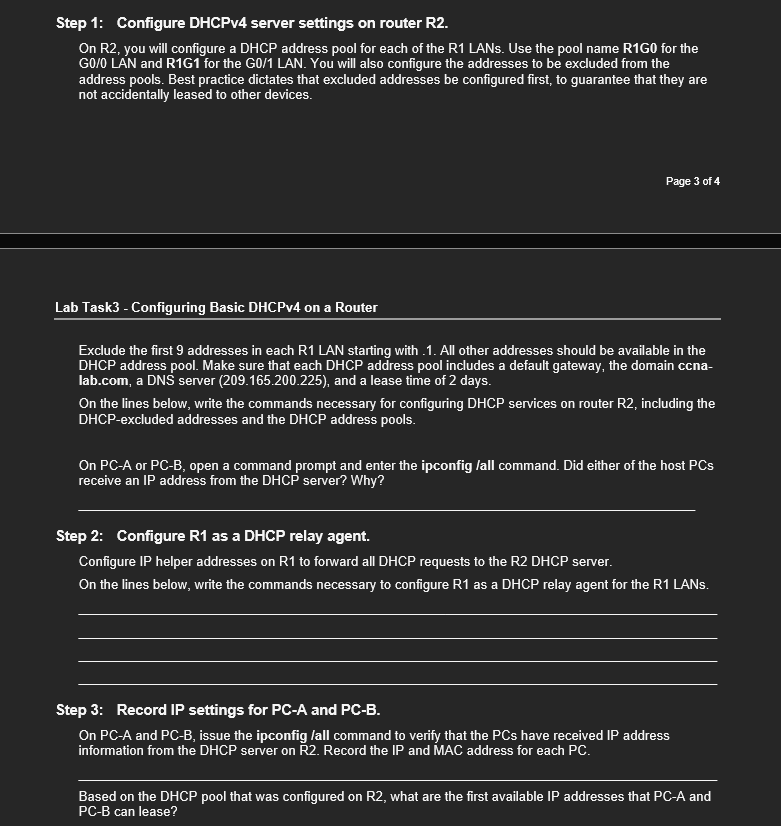 Solved Lab Task3 - Configuring Basic DHCPv4 On A Router | Chegg.com