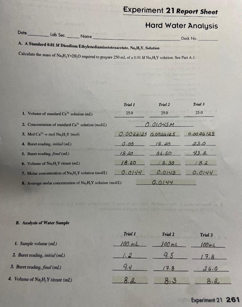 Solved Experiment 21 Report Sheet Hard Water Analysis Date