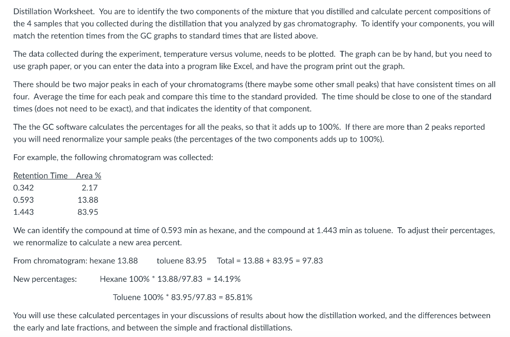 Distillation Worksheet. You are to identify the two