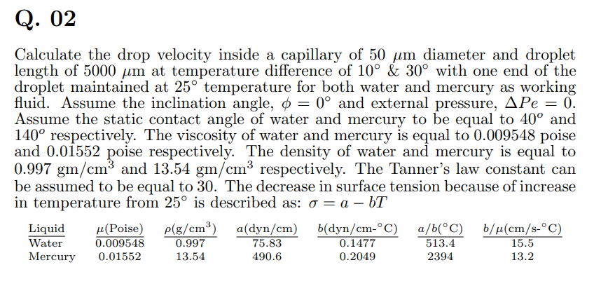 Q. 02 Calculate the drop velocity inside a capillary | Chegg.com