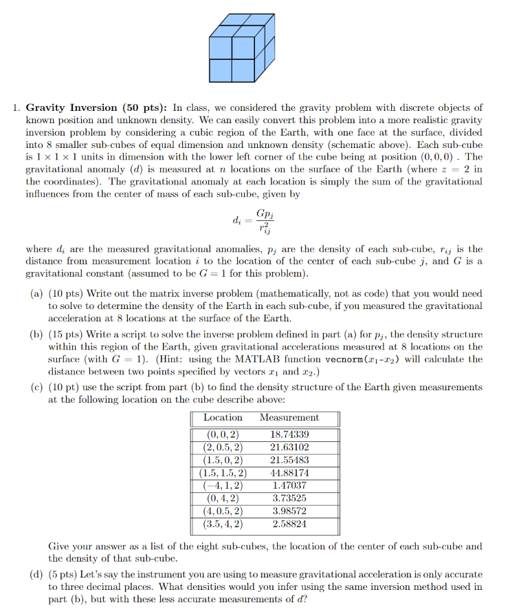 Solved 1. Gravity Inversion (50 pts): In class, we | Chegg.com