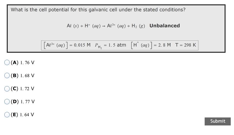 Solved What is the cell potential for this galvanic cell | Chegg.com