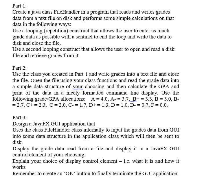 Solved Part 1: Create a java class FileHandler in a program | Chegg.com