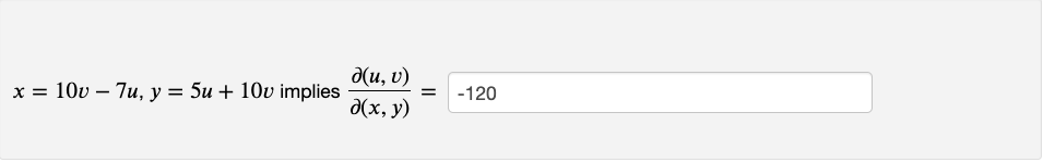 \( x=10 v-7 u, y=5 u+10 v \) implies \( \frac{\partial(u, v)}{\partial(x, y)}= \)