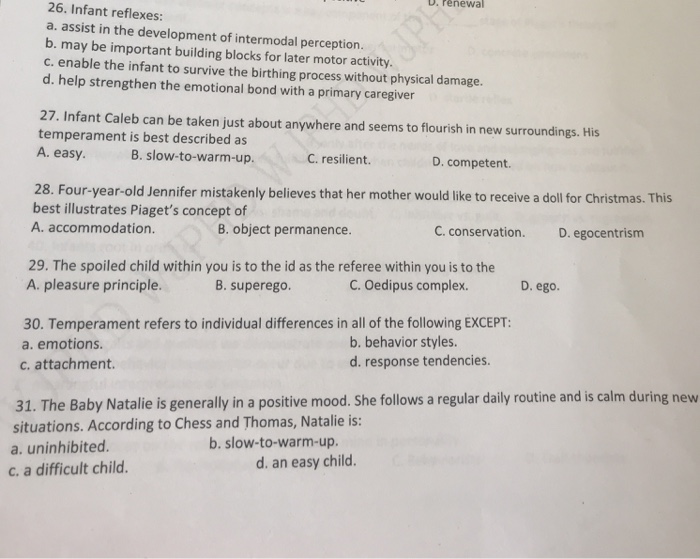 Solved D. renewal 26. Infant reflexes a. assist in the Chegg