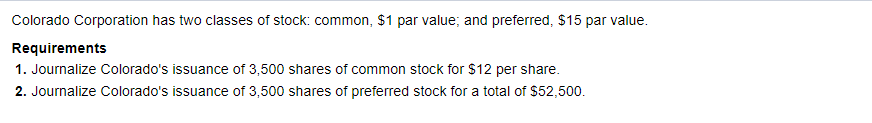 Colorado Corporation has two classes of stock: common, $1 par value; and preferred, $15 par value.
Requirements
1. Journalize