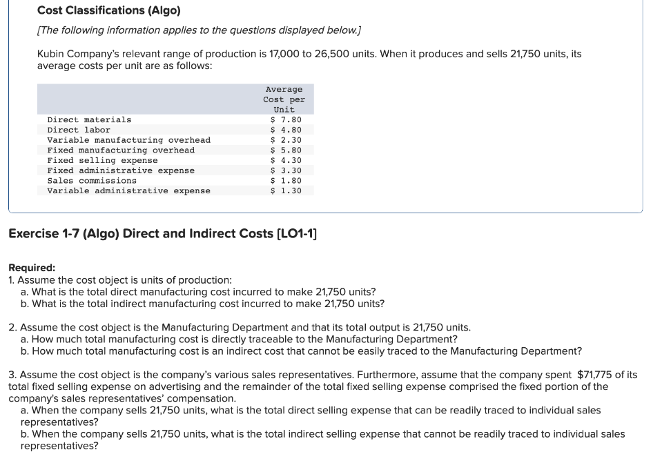 Solved Cost Classifications (Algo) [The following | Chegg.com