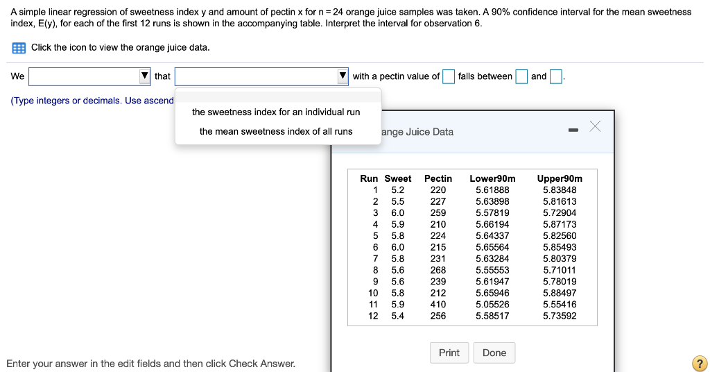Solved A Simple Linear Regression Of Sweetness Index Y An Chegg Com