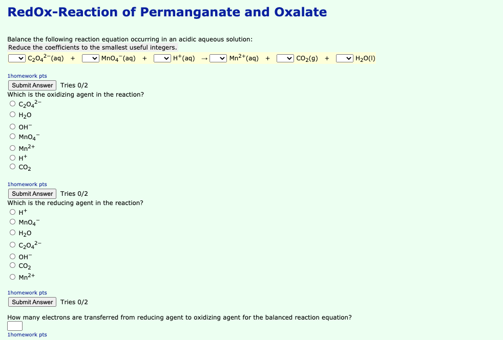 Solved RedoxReaction of Permanganate and Oxalate Balance