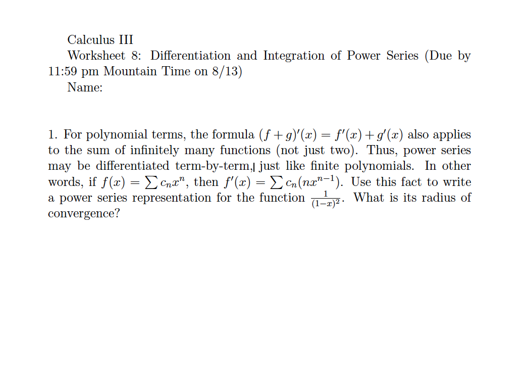 Solved Calculus III Worksheet 8: Differentiation And | Chegg.com