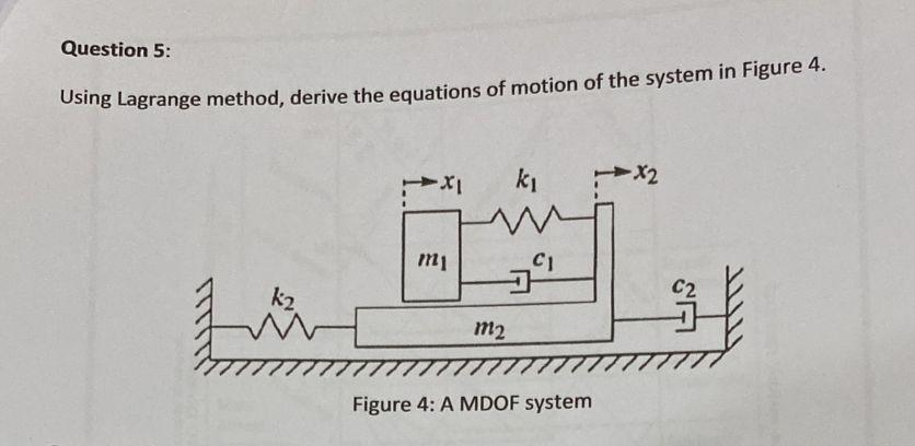 Question 5:
Using Lagrange method, derive the equations of motion of the system in Figure 4.
rigure 4: A ivivur system