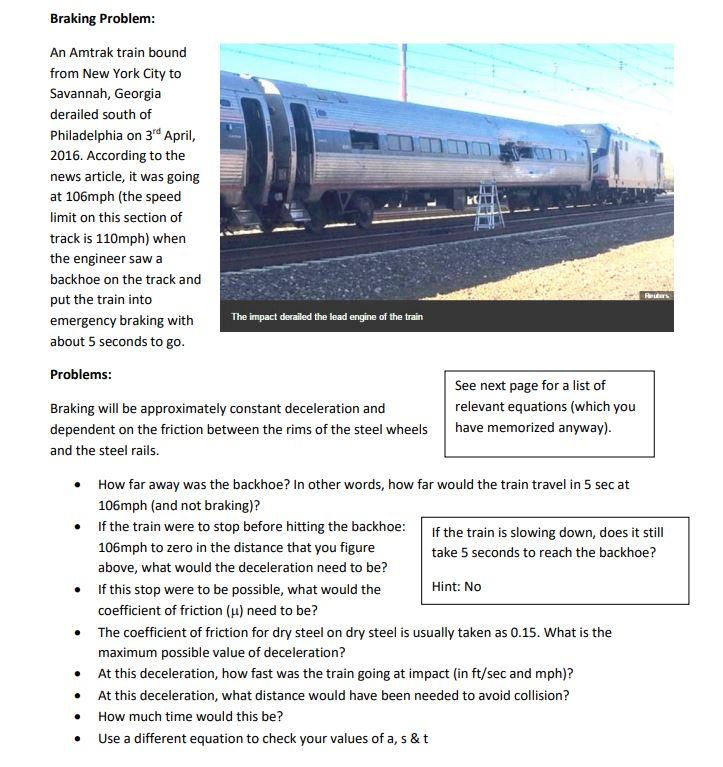 Solved Braking Problem An Amtrak train bound from New York