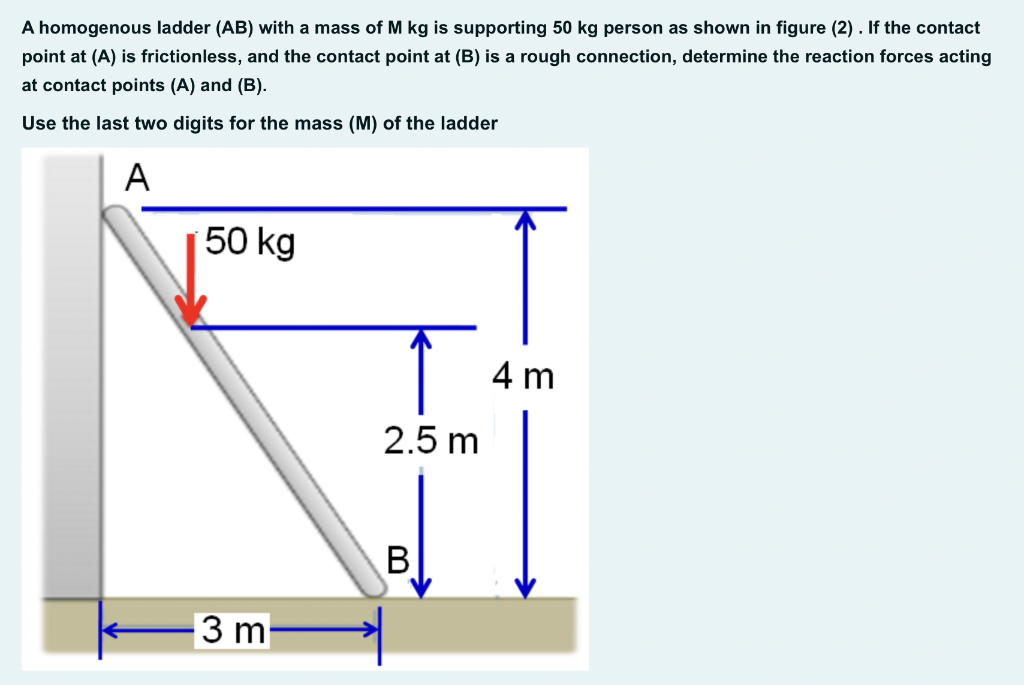Solved A homogenous ladder (AB) with a mass of M kg is | Chegg.com