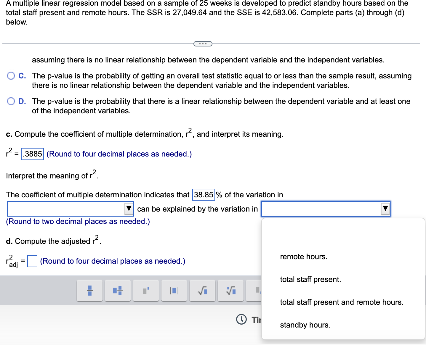 Solved A multiple linear regression model based on a sample | Chegg.com