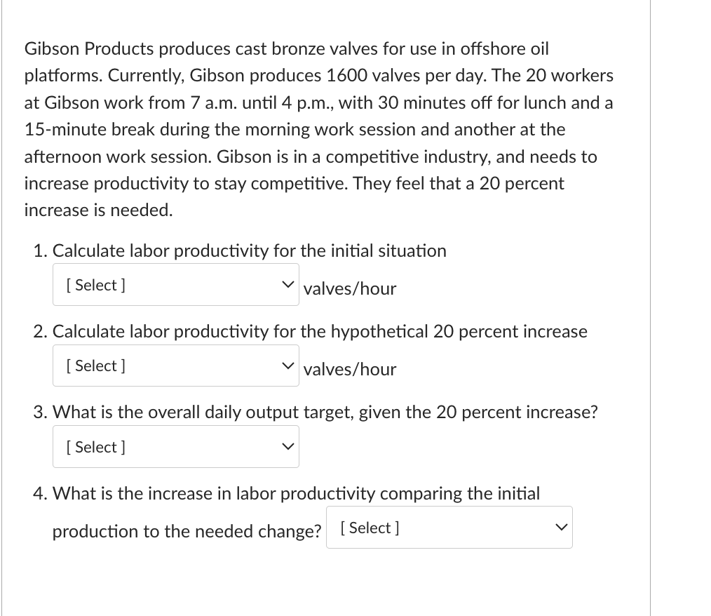 Solved Gibson Valves produces cast bronze valves on an