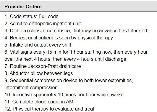 Provider Orders 1. Code status: Full code 2. Admit to orthopedic inpatient unit 3. Diet: Ice chips; if no nausea, diet may be