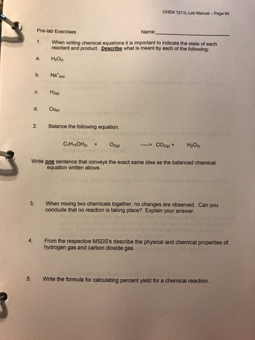 Solved CHEM 1211L Lab Manual-Page 84 Name: Pre-lab Exercises | Chegg.com