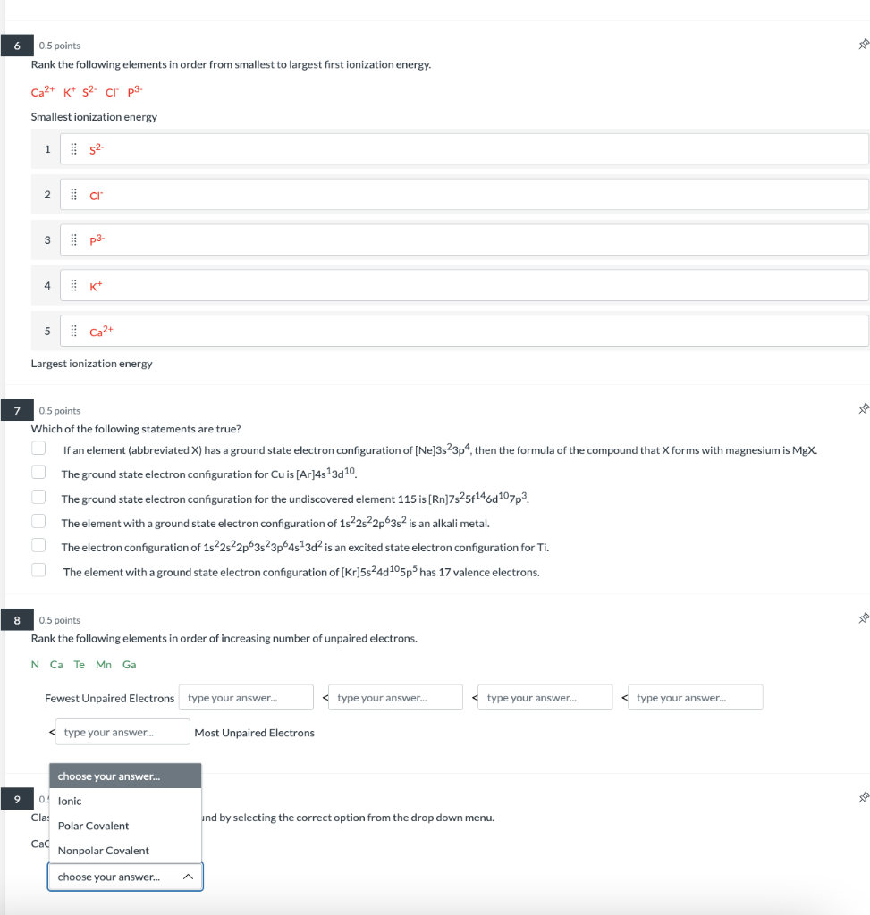 Solved 0.5 points Rank the following elements in order from | Chegg.com