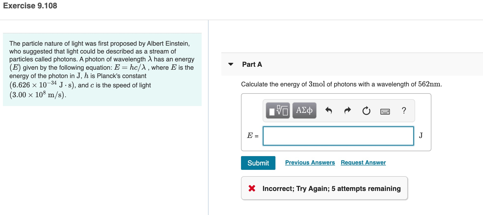 Solved Exercise 9.108 Part A The particle nature of light | Chegg.com