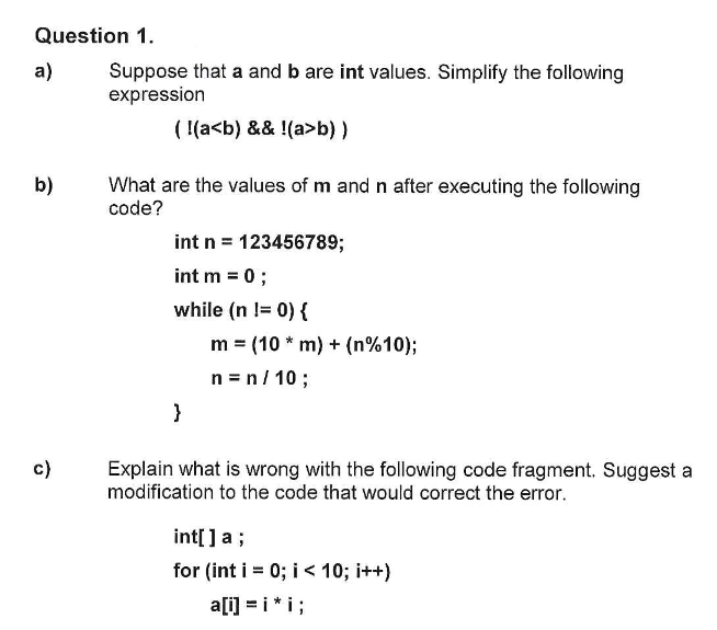 Solved Question 1. A A) Suppose That A And B Are Int Values. | Chegg.com