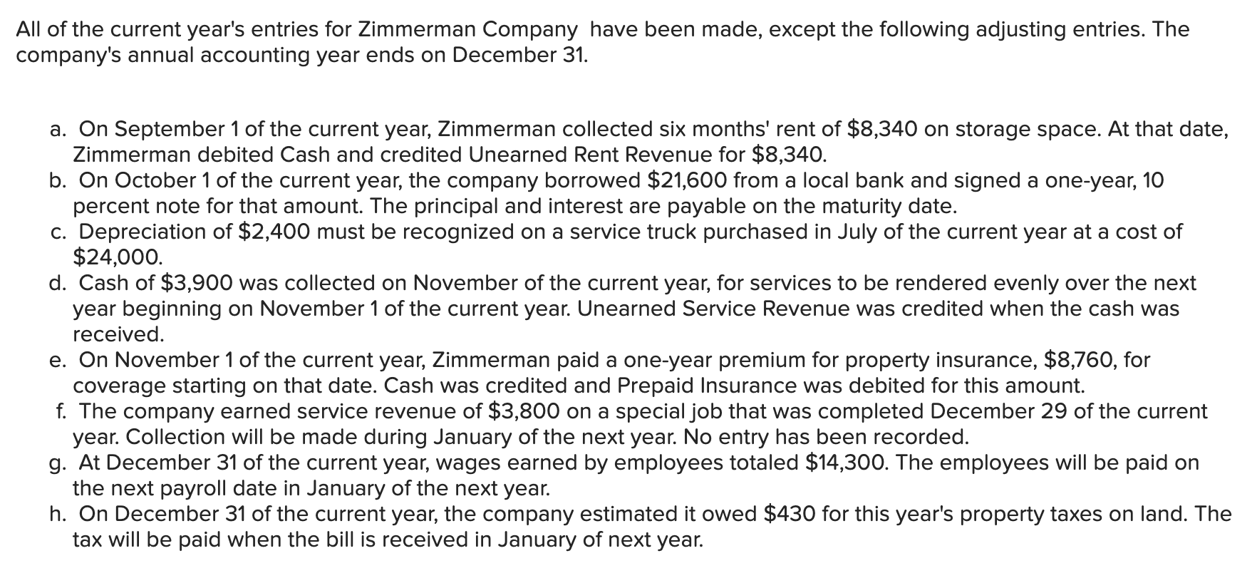 Solved All of the current year's entries for Zimmerman