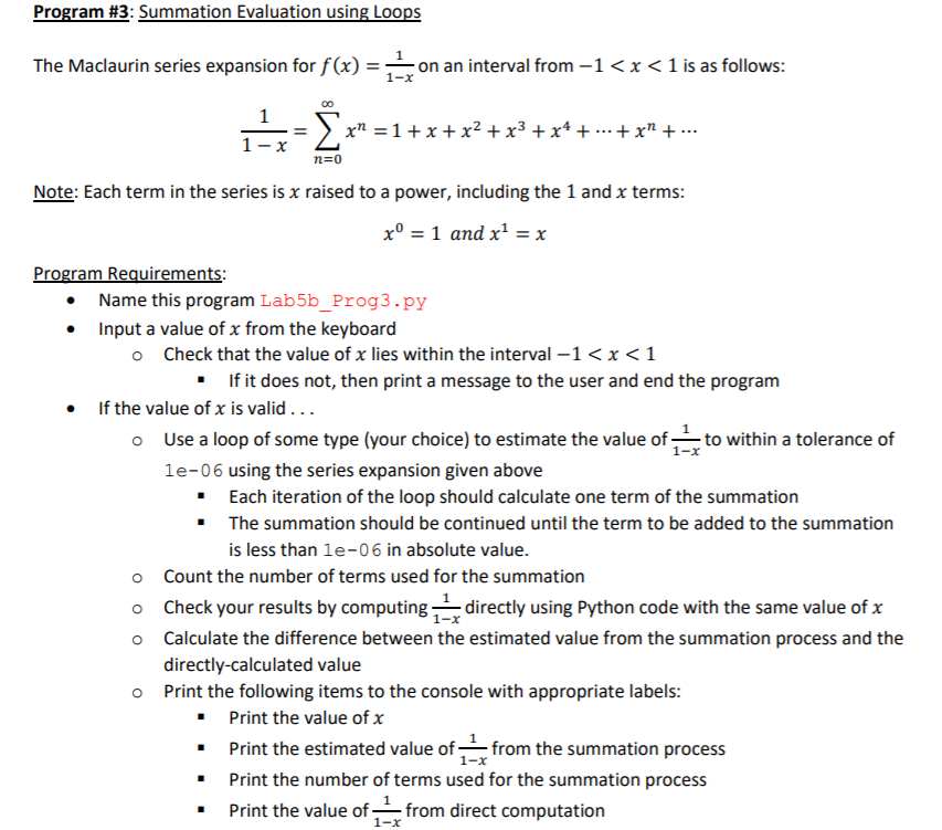Solved Program #3: Summation Evaluation using Loops The | Chegg.com
