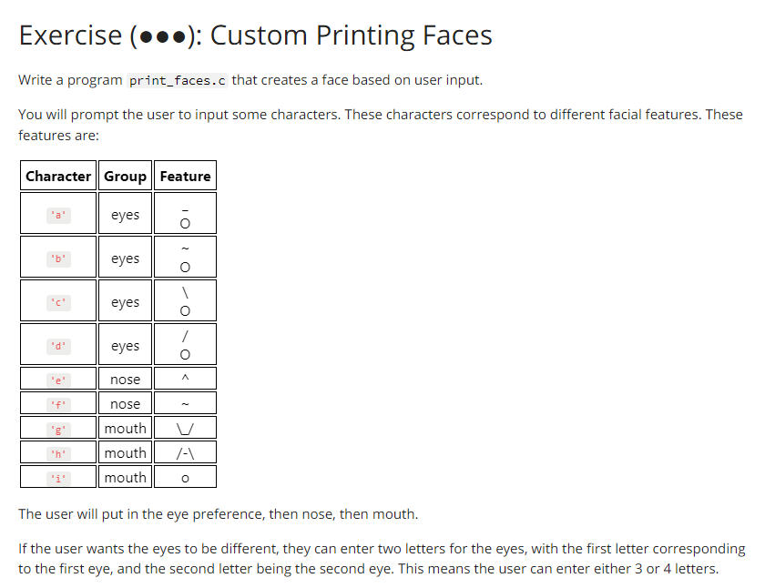 Solved Write a program print_faces.c that creates a face | Chegg.com