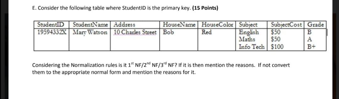Solved E. Consider the following table where StudentID is | Chegg.com