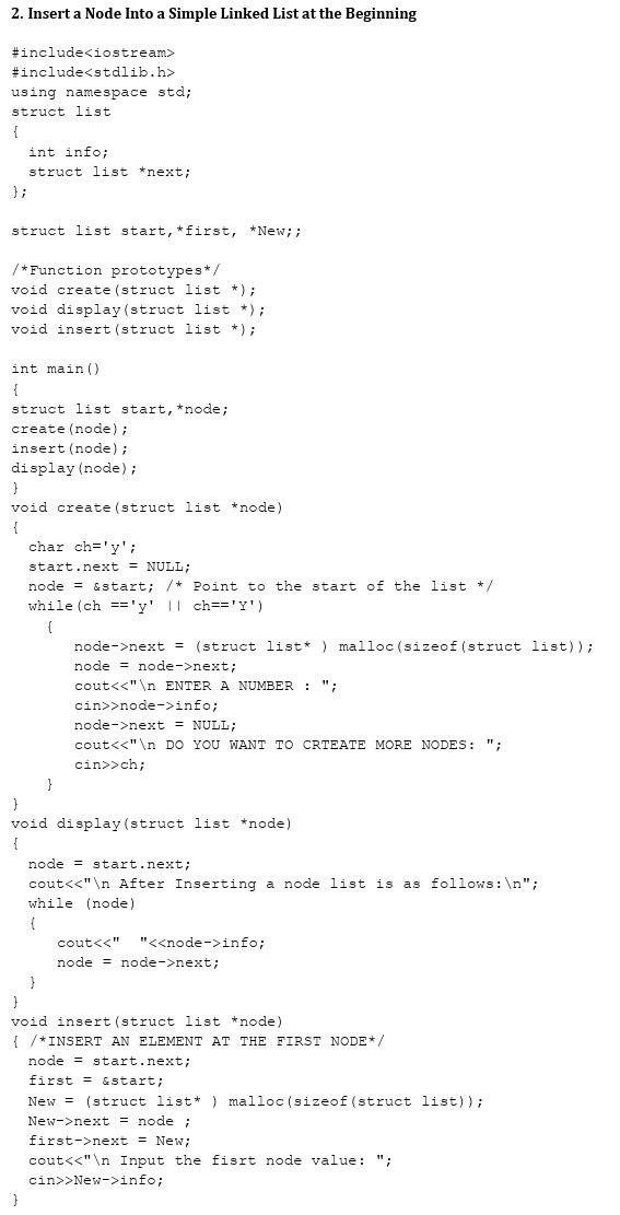 Solved 2. Insert a Node Into a Simple Linked List at the | Chegg.com