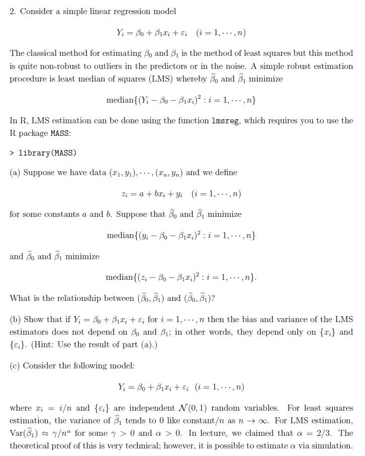 2. Consider A Simple Linear Regression Model Y; = Bo | Chegg.com