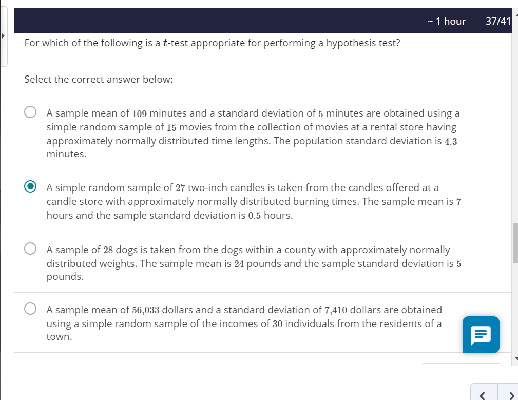 Solved - 1 hour 37/41 For which of the following is a t-test | Chegg.com