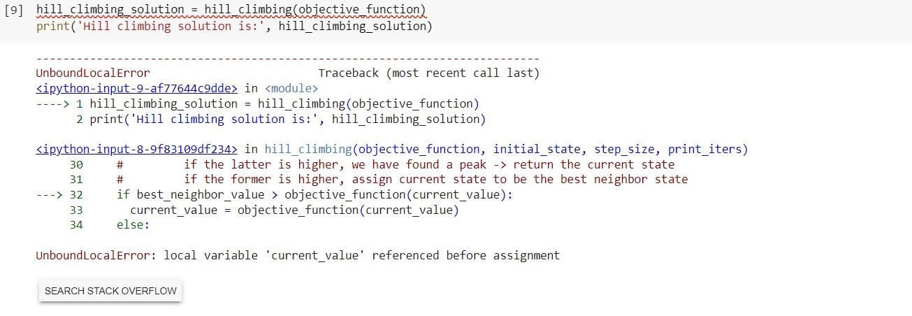 [9] hill climbing solution = hill climbing(objective function)
print(Hill climbing solution is:, hill_climbing_solution)
Un