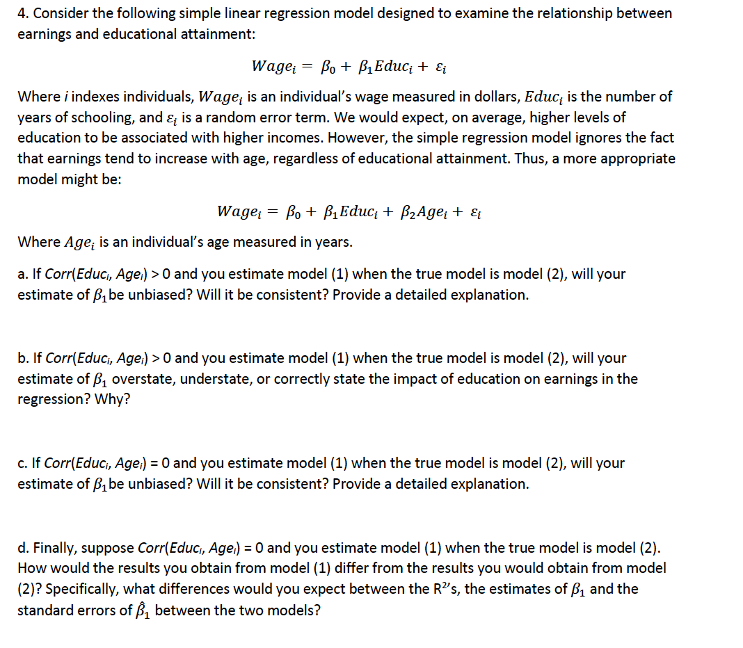Solved 4. Consider the following simple linear regression | Chegg.com
