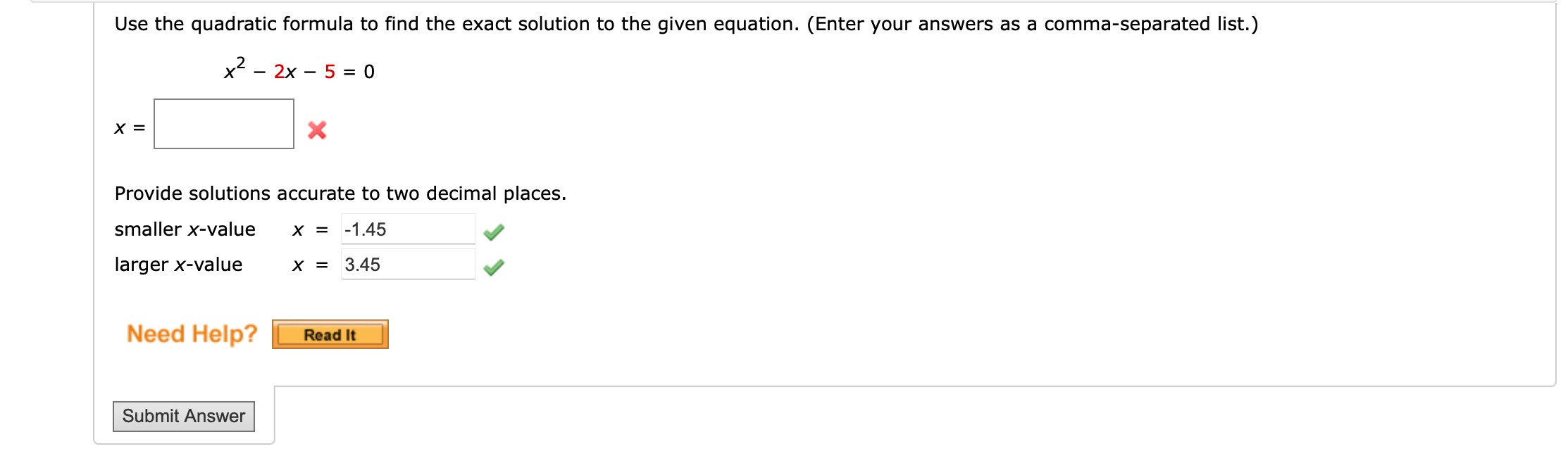 3x2 x 5 0 to 2 decimal places