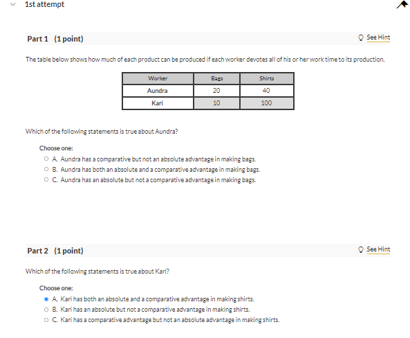 Solved 1st attempt * See Hint Part 1 (1 point) The table | Chegg.com