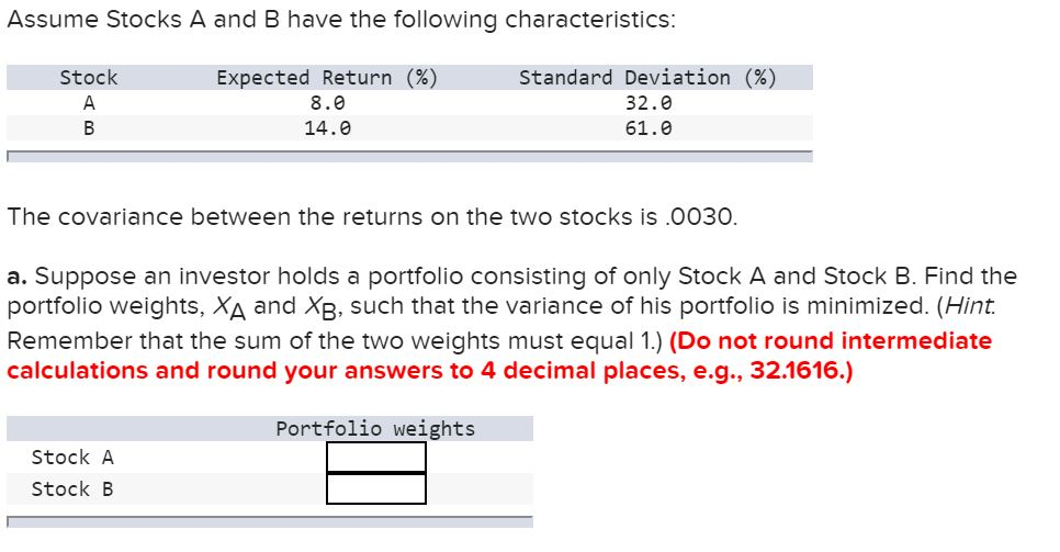 Solved Assume Stocks A And B Have The Following | Chegg.com