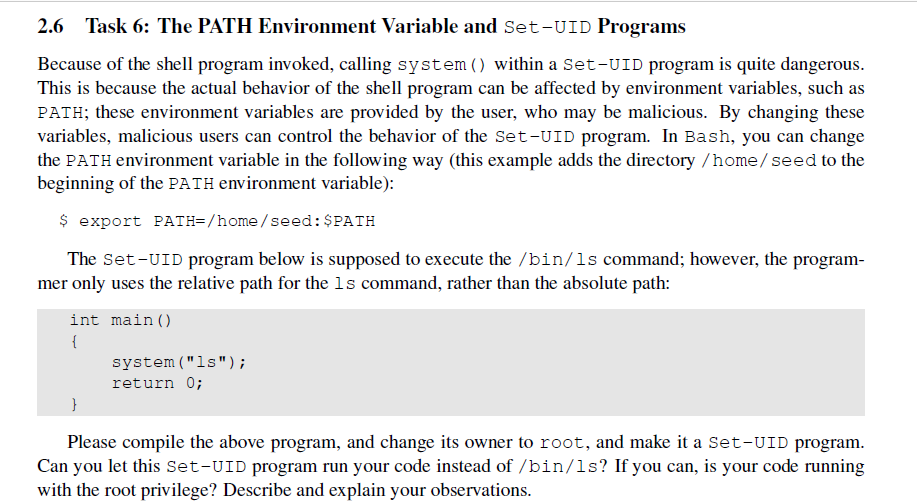 Solved 2.6 Task 6: The PATH Environment Variable and Set-UID | Chegg.com